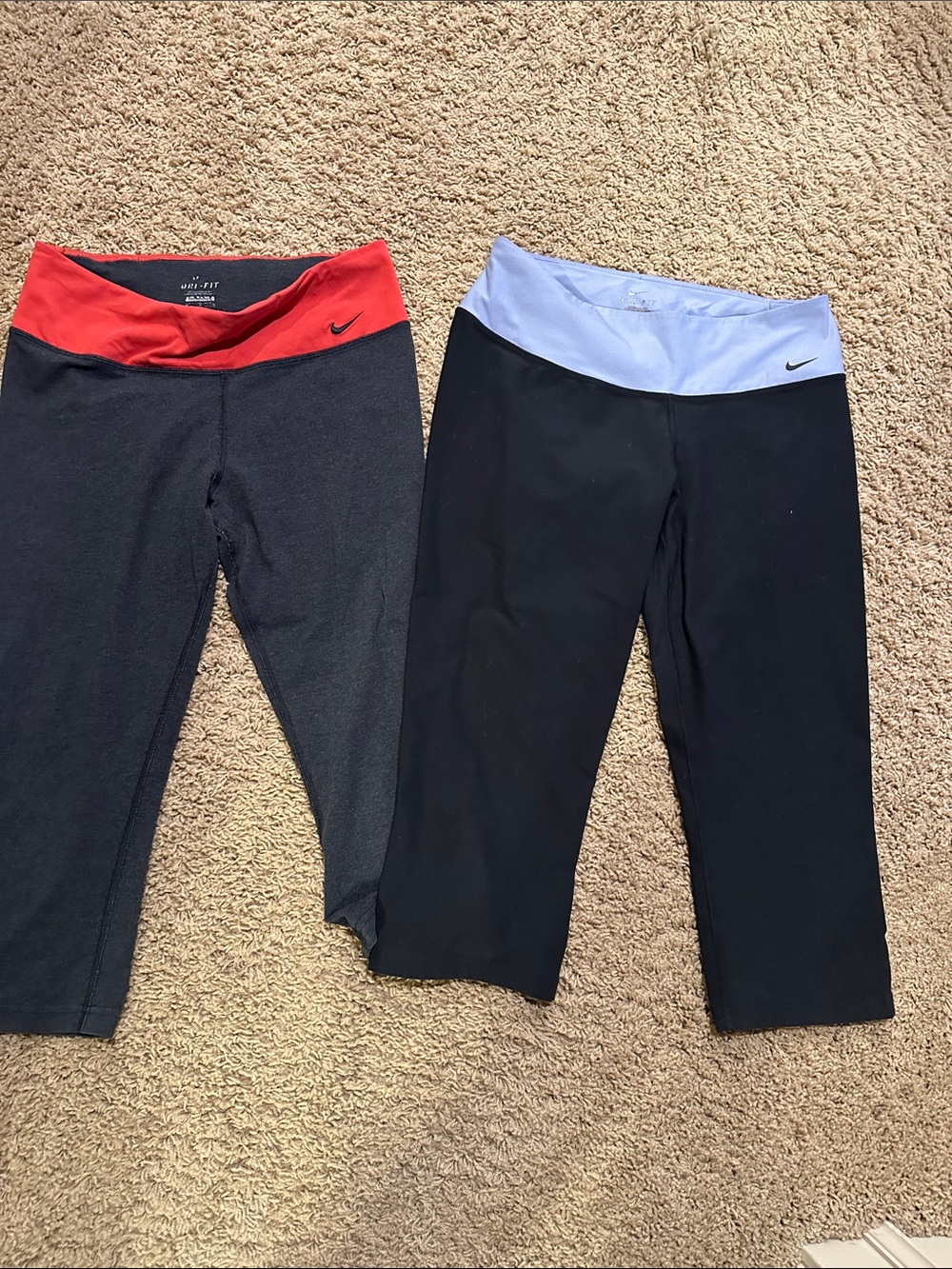 Nike Women’s Black Capri Leggings with Red and Light Blue Waistbands